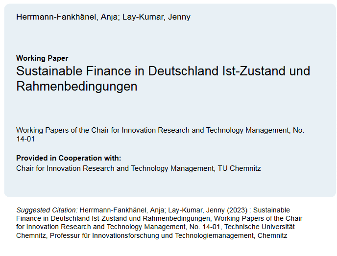 Titelblatt Working Paper: Sustainable Finance in Deutschland