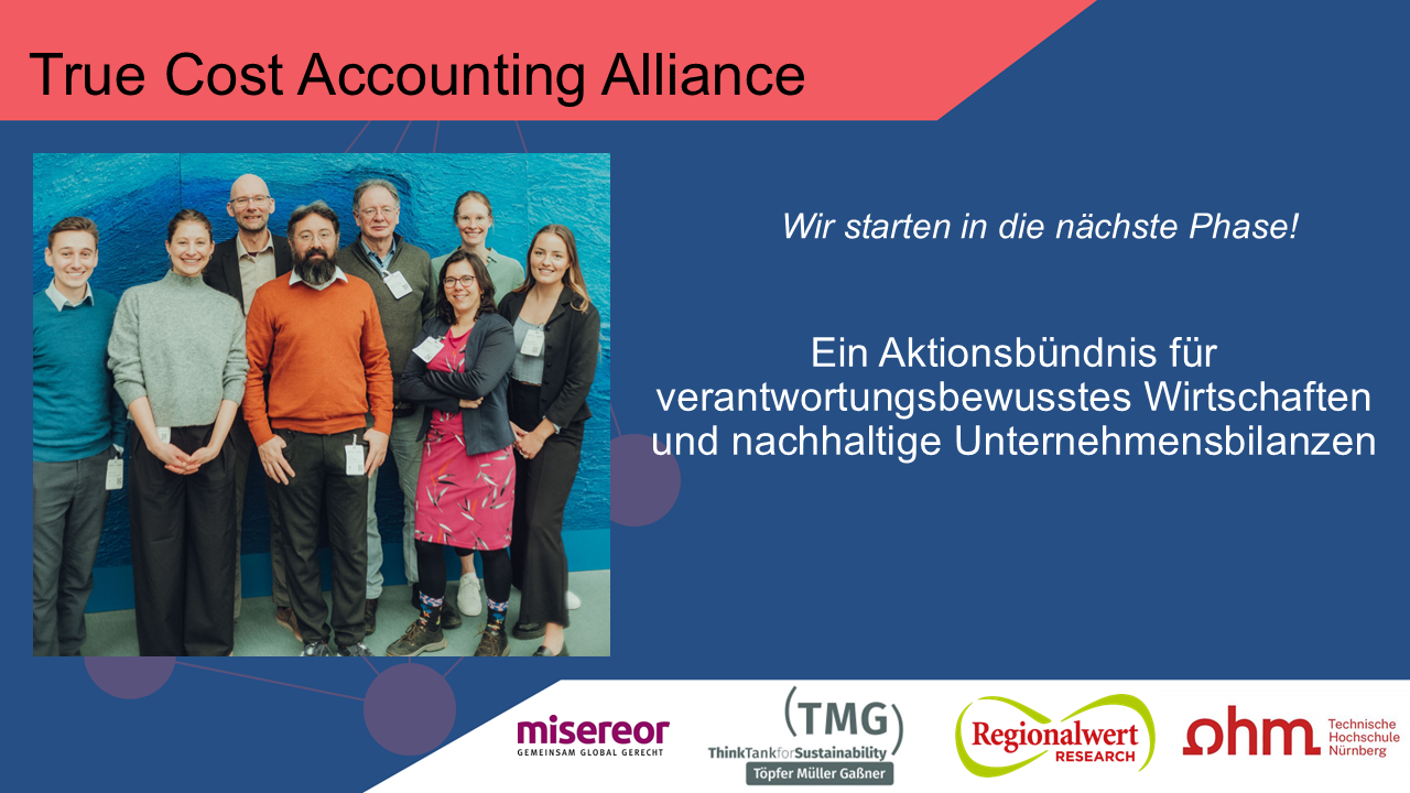 TCA-Alliance - Ein Aktionsbündnis für verantwortungsbewusstes Wirtschaften und nachhaltige Unternehmensbilanzen Gruppenbild mit Logos Regionalwert Research, TH Nürnberg, TMG Research, misereor